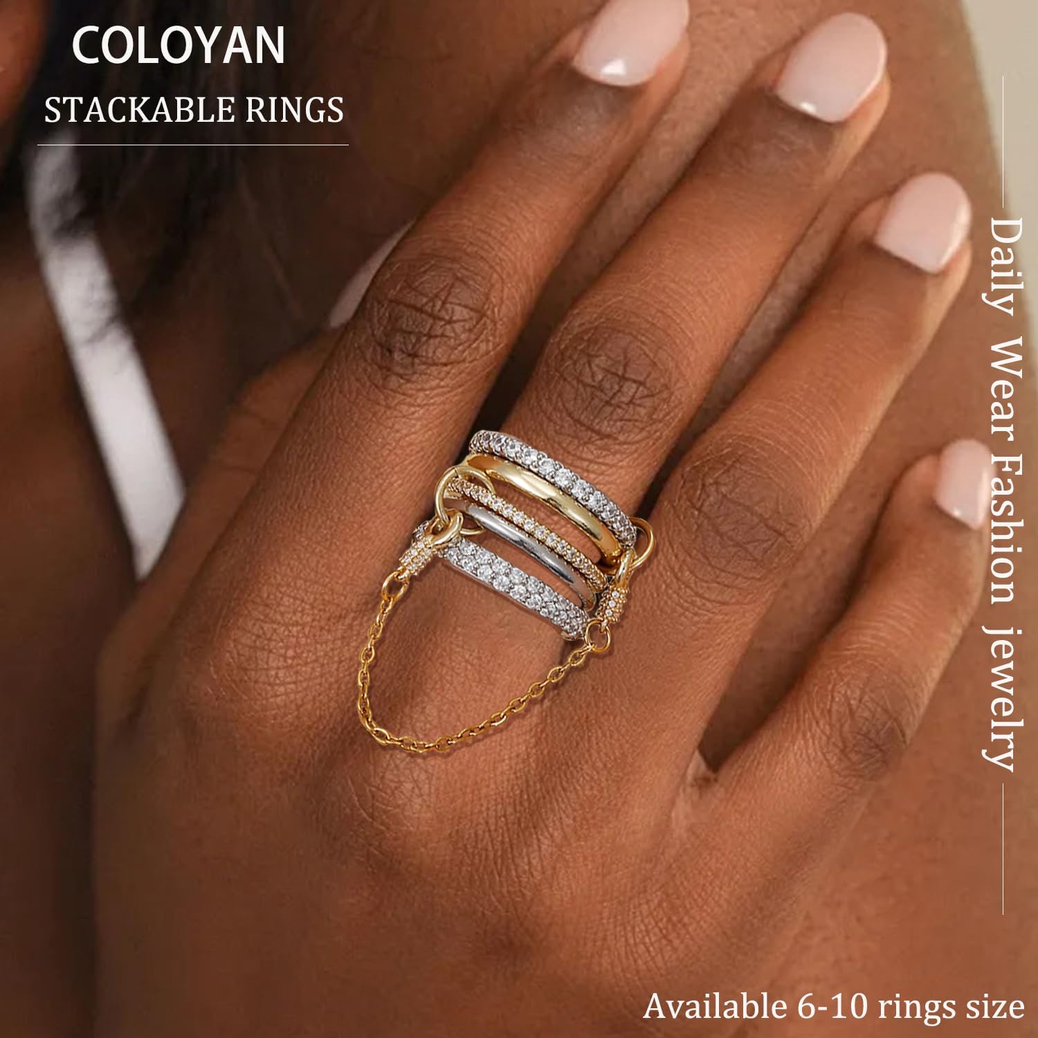 COLOYAN 18K Gold Plated Stackable Rings for Women Non Tarnish,Gold and Silver Cubic Zirconia Rings, Mixed Metals Ring Interlocked link Stacking Ring - Image 3