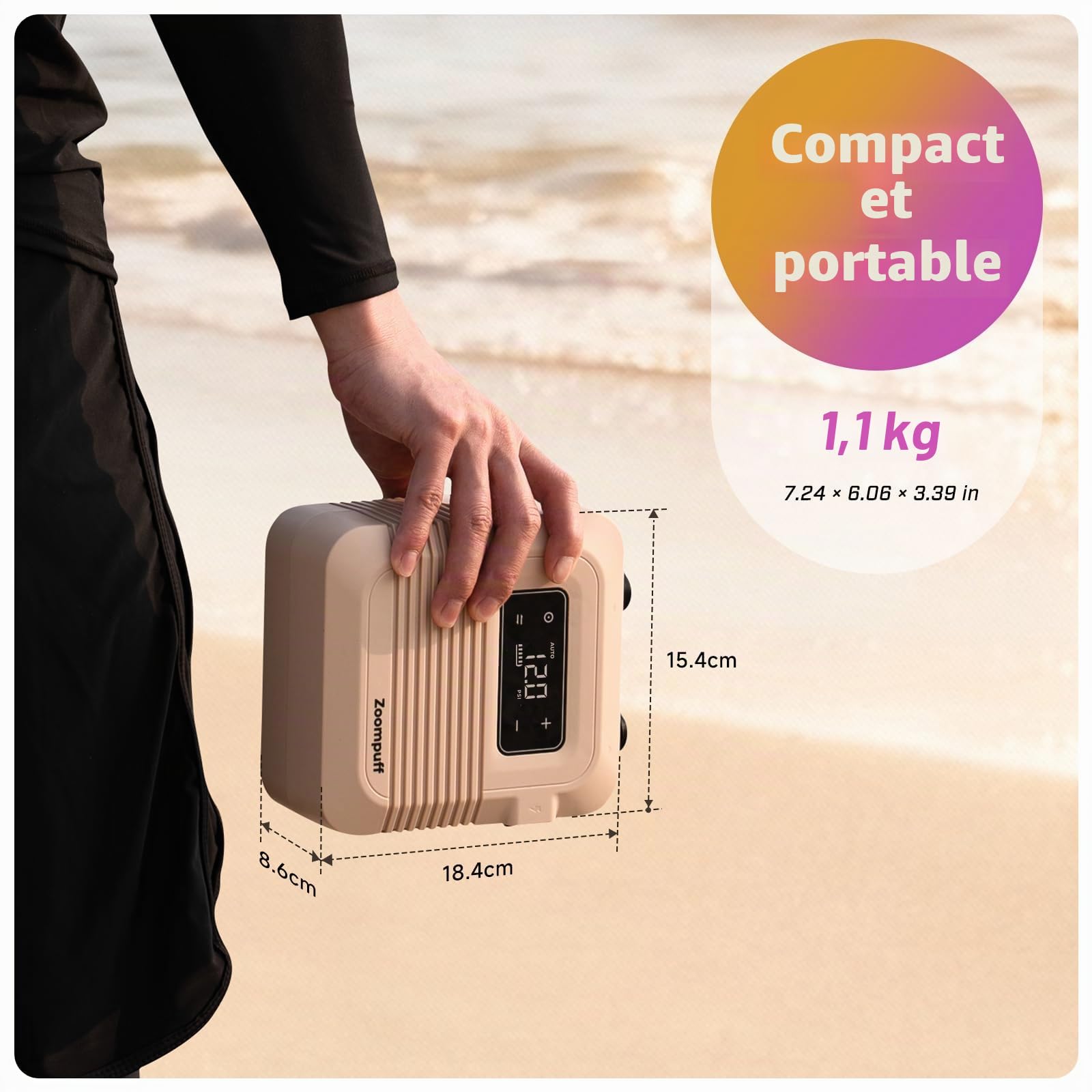 Pompe Sup électrique, Sup Rechargeable 20 PSI, gonflage Rapide | 5 min à 12 PSI, 1,14 kg légère, Batterie 38,48Wh, Gonflage/dégonflage double étage, 7 embouts, SUP, bateaux, kayaks