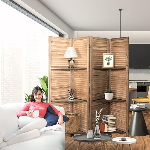 Miniatura 8 de ECOMEX Divisor de habitación con estantes, divisor de habitación blanco de 4 paneles, separadores de habitación y pantallas de privacidad plegables,