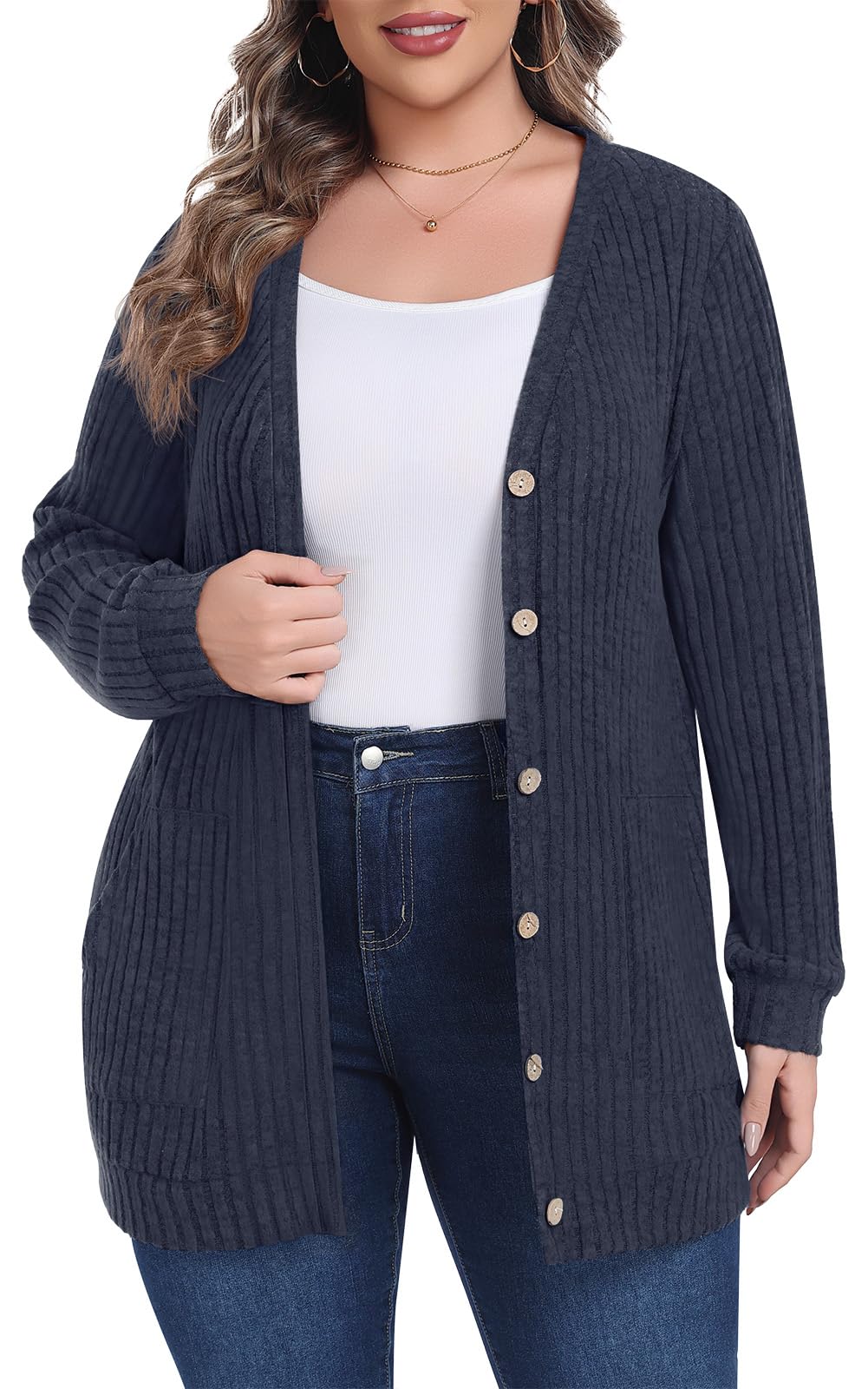 Lastshe Womens Plus Size Cardigan Sweaters Button Down Long Sleeve Fall Cardigans Knit Outwear with Pockets