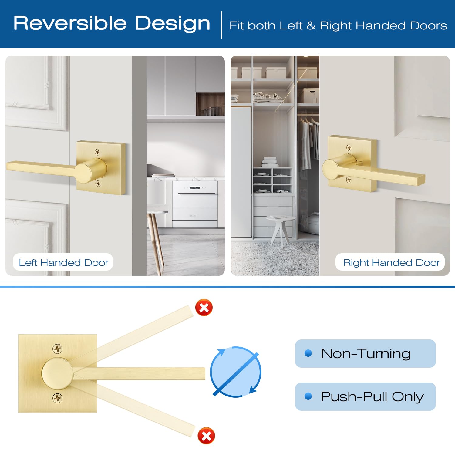 EHOMEWARE Maniglie per porte interne dorate, resistenti per armadio, leve reversibili non rotanti per porte mancine e destrorse, confezione da 5