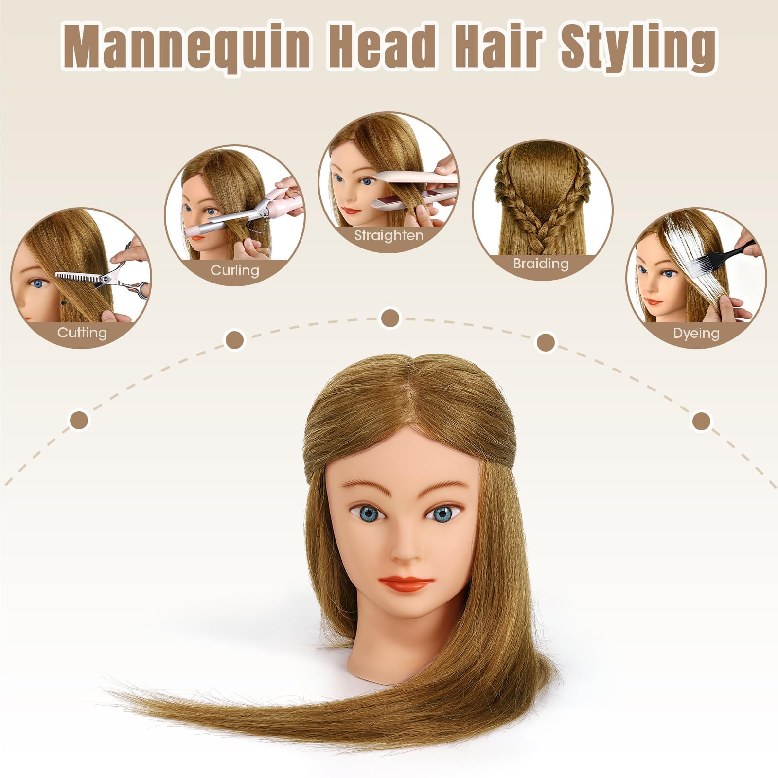 TopDirect Frisierkopf 45 cm mit 100% realistischem Kunsthaar, Honigblond | natürliches Haargefühl, Friseur Übungskopf mit Halter & Zubehör für Flechten, Schneiden und Styling