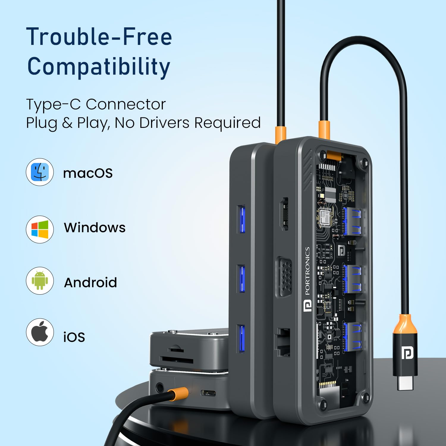 Portronics MPort View Three docking station showing compatibility with macOS, Windows, Android, and iOS