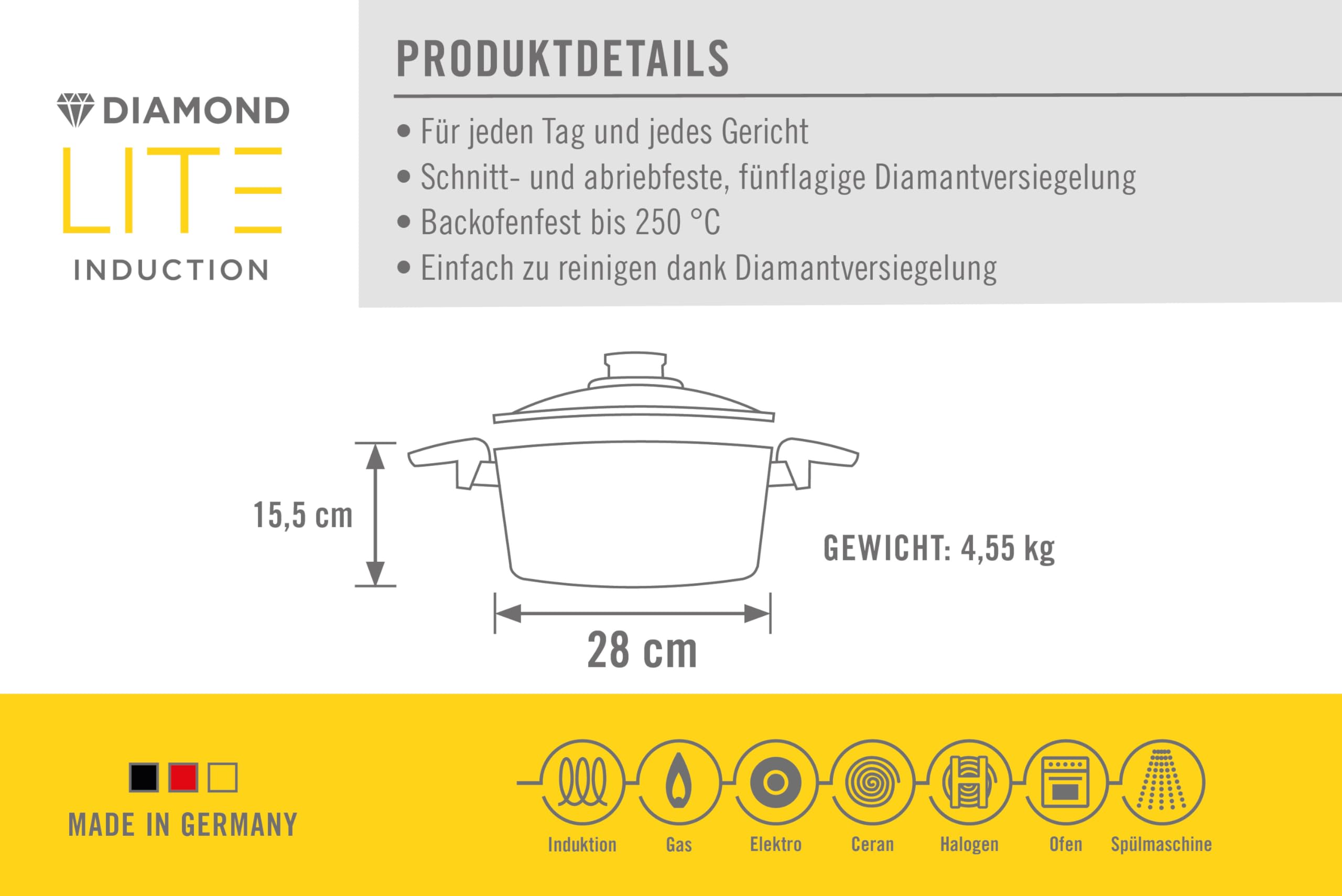 Woll Diamond Lite Topf mit Glasdeckel in Box - Induktiv -, Ø 28 cm, 15.5 cm hoch, 8.5 Liter - Geeignet für alle Herdarten, Aluminiumguss, Antihaft-Versiegelung, backofenfest, anthrazit