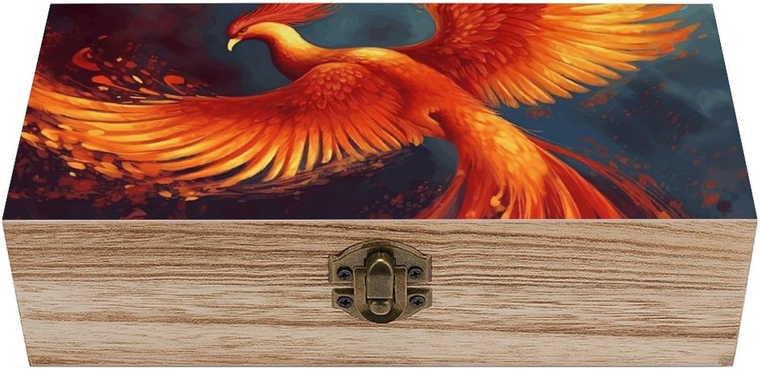 Orange Red Phoenix Wooden Decorative Storage Box Jewelry Box