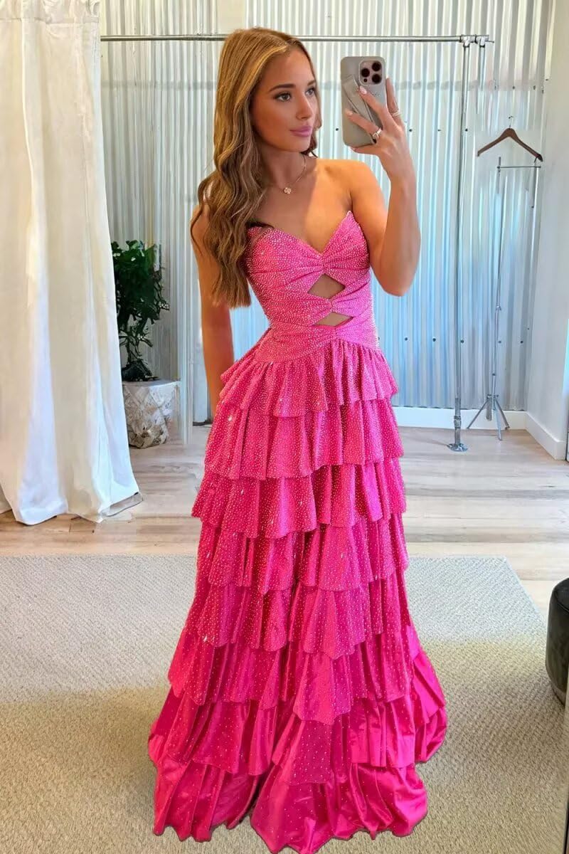 Strapless Tiered Prom Dresses for Women Ruffle Glitter Beaded Long Formal Evening Gown with Slit - Image 2