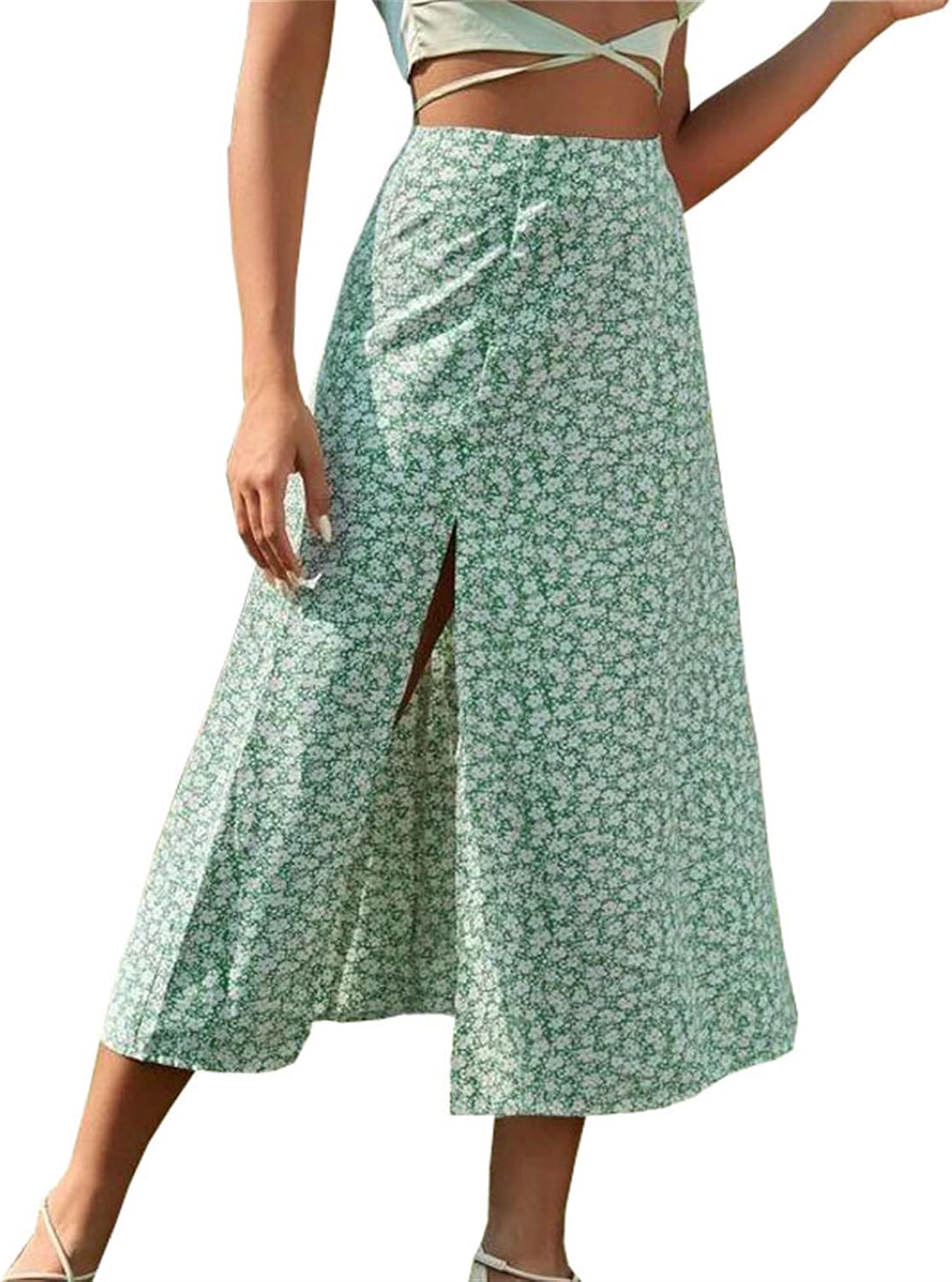Women's Boho Split Floral Skirt High Waist Swing A Line Midi Skirt Elastic Waisted Ruffle Bodycon Skater Skirts