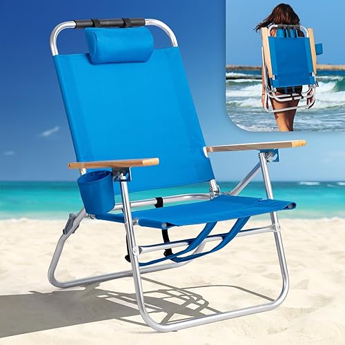 VINGLI Silla de playa de aluminio de 13 pulgadas, sillas de playa altas para adultos, portátil con correas ajustables, reclinable de 3 posiciones,