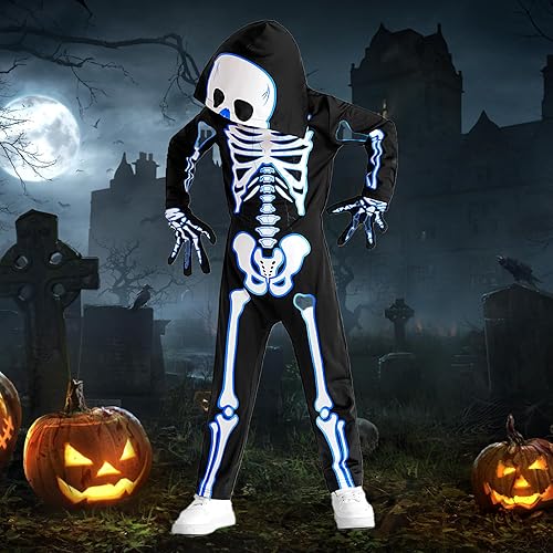 Miniatura 33 de Weixinbuy Disfraz de esqueleto de Halloween para niños, overol luminoso de huesos de calavera aterrador que brilla en la oscuridad, traje para niño