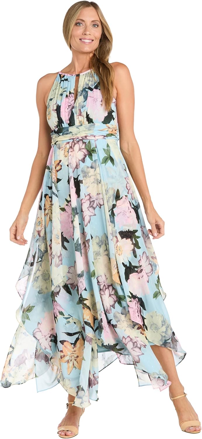 R&M Richards Women's Aqua Floral Metallic Chiffon Maxi Dress W/Hankie Hem & Halter Keyhole Neck |Flowy Daytime Semi-Formal - Image 3