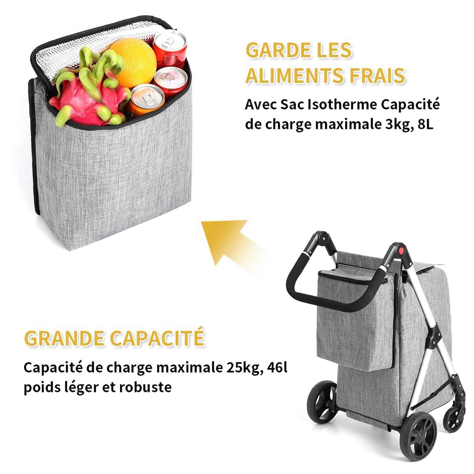 Chariot de Courses, 46L Chariot de Courses 4 Roues, avec Sac Isotherme, Poignées Réglables, Pliable, léger en Aluminium (Gris)
