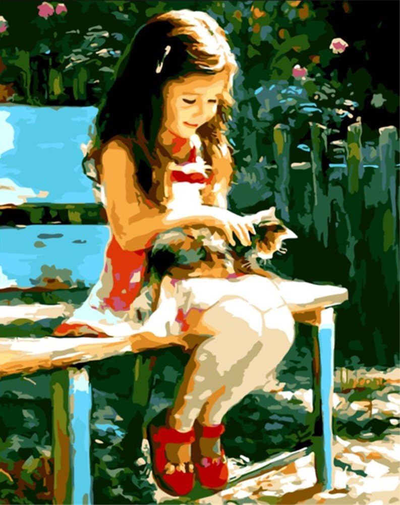 ABEUTY DIY Fabric Decorating Kits, Paint by Numbers Cute Girl Cat Animal Garden 16x20 inches Number Painting Wall Art (Girl