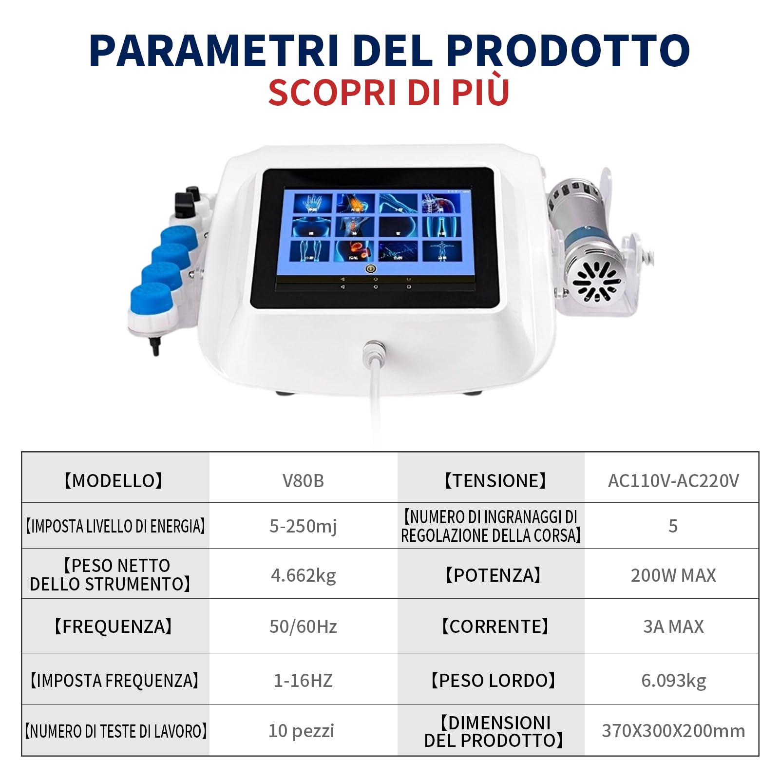 Macchina per Terapia con Onde d'Urto Extracorporee a 7 Testine, Regolabile 1-16Hz e 5-250mm, per Rilassamento Muscolare, Dolori Articolari, Riparazione Tessutale e Circolazione Sanguigna Migliorata