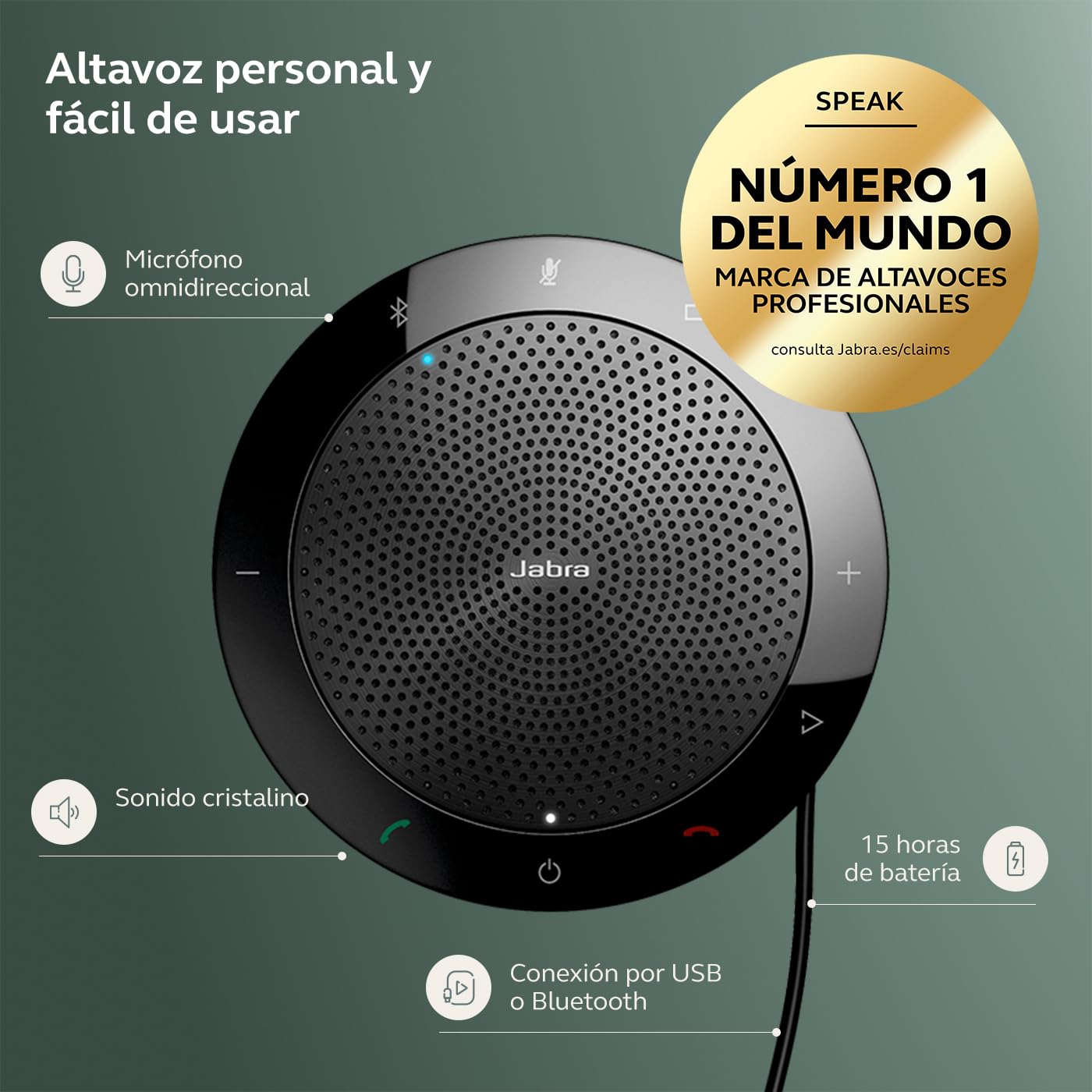 Jabra Speak 510+ - Altavoz Portátil para Conferencias con USB y Adaptador Bluetooth - Certificado por Microsoft - Compatible con PC, Smartphones y Tabletas