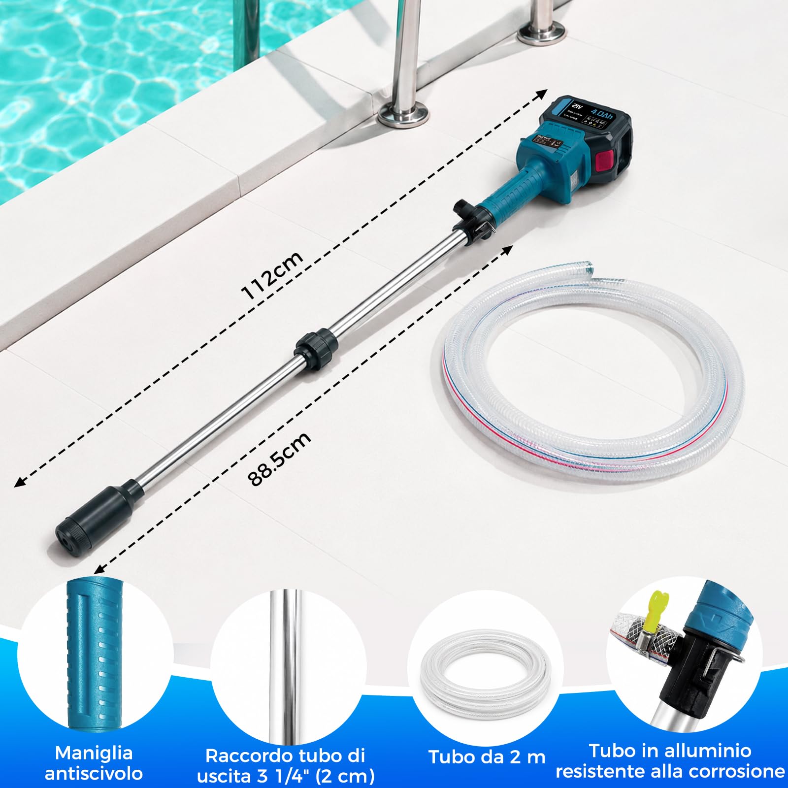 Pompa travaso liquidi a batteria, compatibile con batteria Makita 18V, Kit pompa olio e pompa acqua con 2x4.0Ah batterias e caricabatterie, 3 velocità max. 2400 L/h, per cisterna, piscina