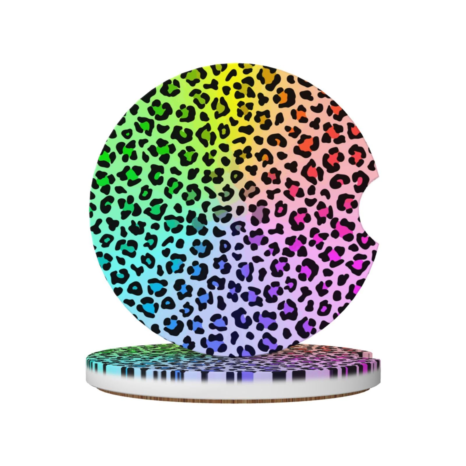 Radial Rainbow Multicolor Leopard Pattern, Car Cup Holder Coasters 2 Pack, Absorbent Ceramic Car Coasters with Non Slip Cork Base