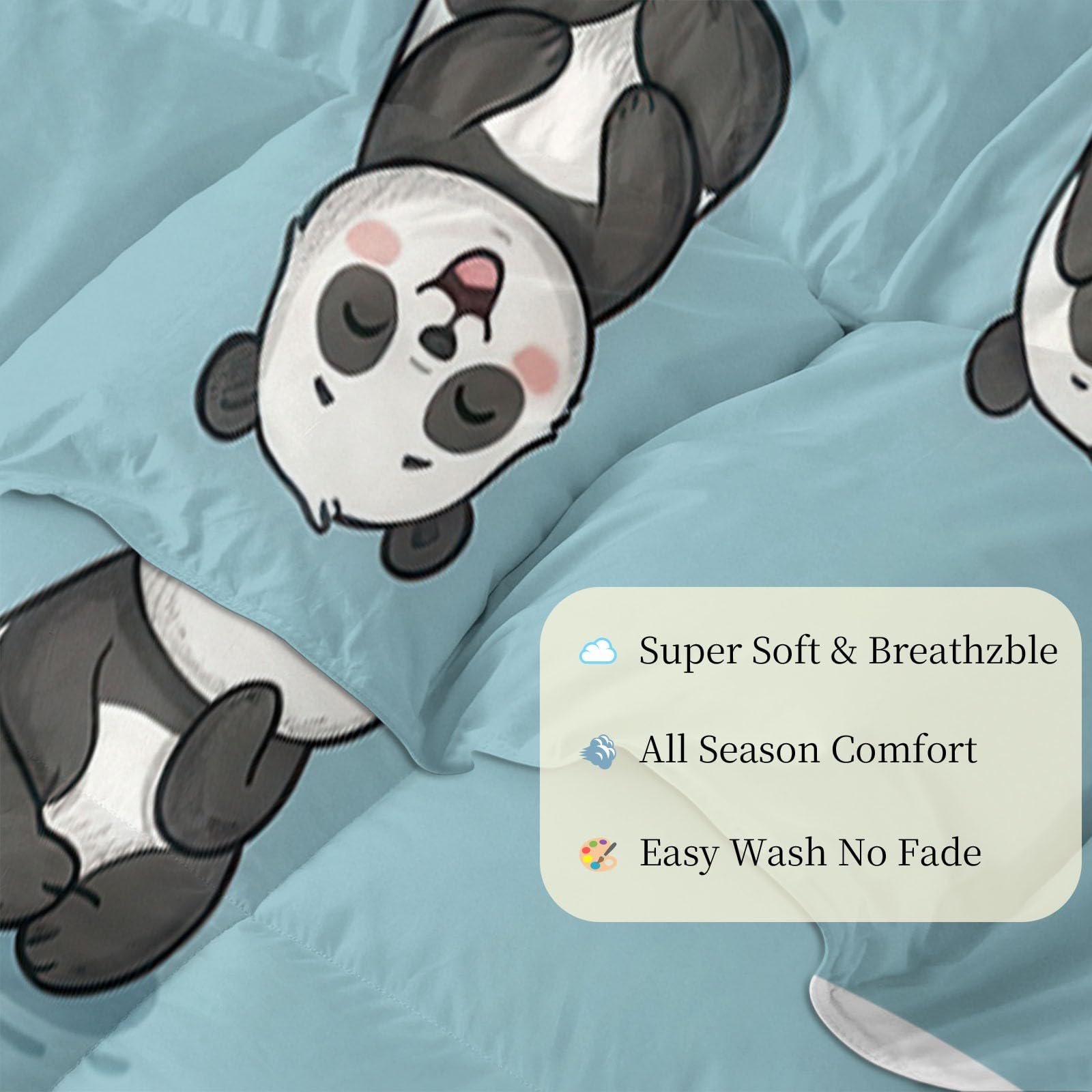 Bettdecke 155x220 cm 4 Jahreszeiten, Süßer Panda Warm Weiche Steppdecke mit 2 Kissenbezügen 80x80 cm, Blau Waschbare Cartoon Tiere Wende Ganzjahresdecke ohne Bezug für Kinderzimmer