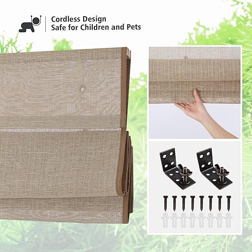 Vista 53 de Yin Yang Persianas romanas de bambú opacas sin cables, elegantes persianas romanas de madera tejida natural con salvia, persianas romanas de bambú