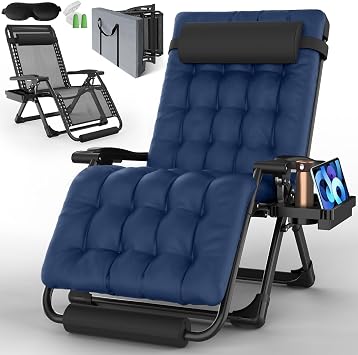 XXL Oversized Zero Gravity Lounge Chair 33", Extra Wide Folding Recliner with Thick Removable Cushion, Adj Headrest, Storage Bag, Footrest, Cup Holder & Full Aluminum Lock, Supports 500 lbs, Blue
