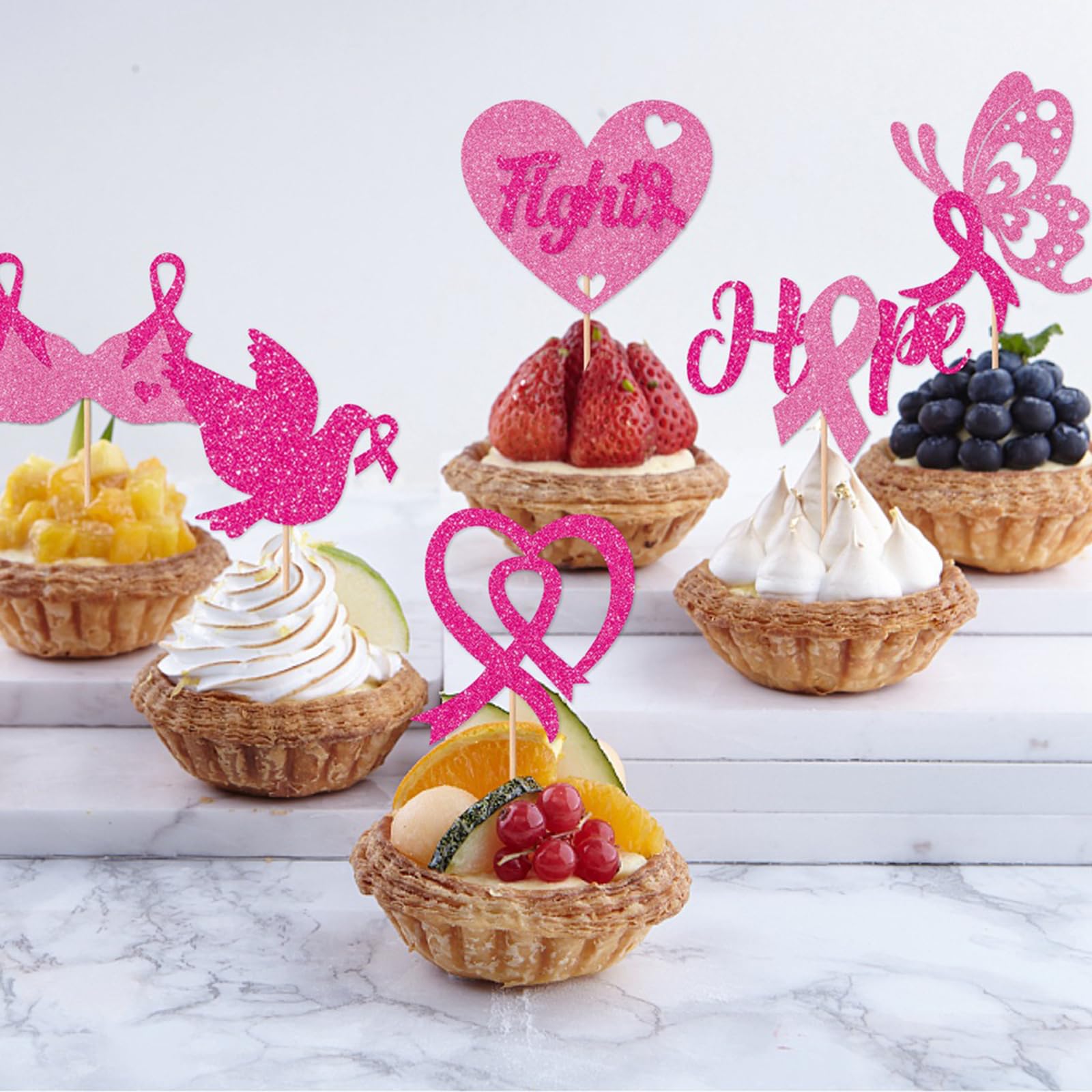 Rsstarxi Paquete De 24 Adornos Para Cupcakes Con Purpurina Rosa Y Esperanza Para Concientización Sobre El Cáncer De Mama, Decoraciones Para Tartas, Lucha Contra El Cáncer, Sin Cáncer, Para Decoración