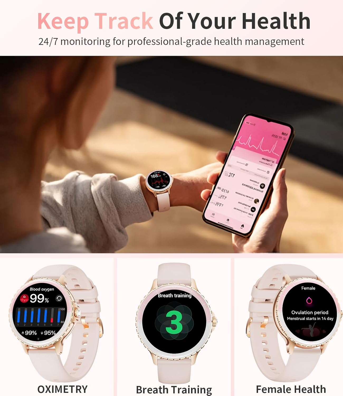 SUNKTA Smart Watch FV26-A showing Oximetry, Breath Training, and Female Health screens.