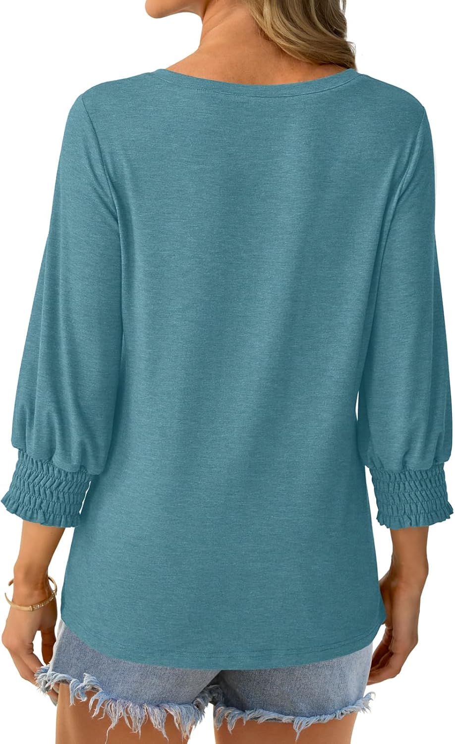 Womens 3/4 Sleeve Shirts Square Neck Dressy Casual Blouses Spring Summer Smocked Cuffs Tops - Image 4