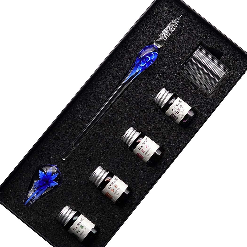 SIPLIV Handmade Crystal Glass Intarsia Dip Pen Fountain Pen Kit Calligraphy Signatures Pen with 4 Colors Ink, Pen Holder