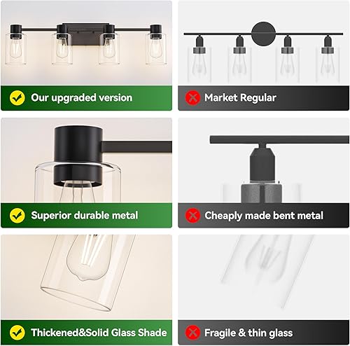 Miniatura 5 de Lámparas de tocador modernas de 4 luces sobre el espejo, lámparas de baño negro mate, luces de tocador, aplique de pared con pantalla de vidrio
