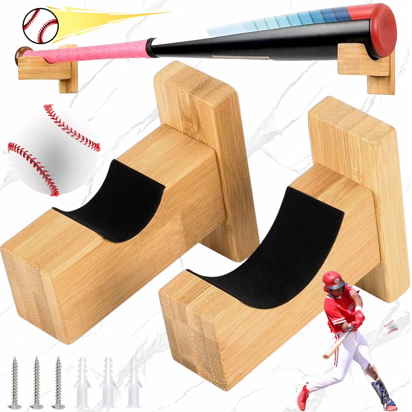 2 Pezzi Mazza Da Baseball Parete, Display Orizzontale, Staffa per Mazza da Baseball in Legno Massello Fatta a Mano con Fodera in Feltro e Staffa a Parete per Mazza