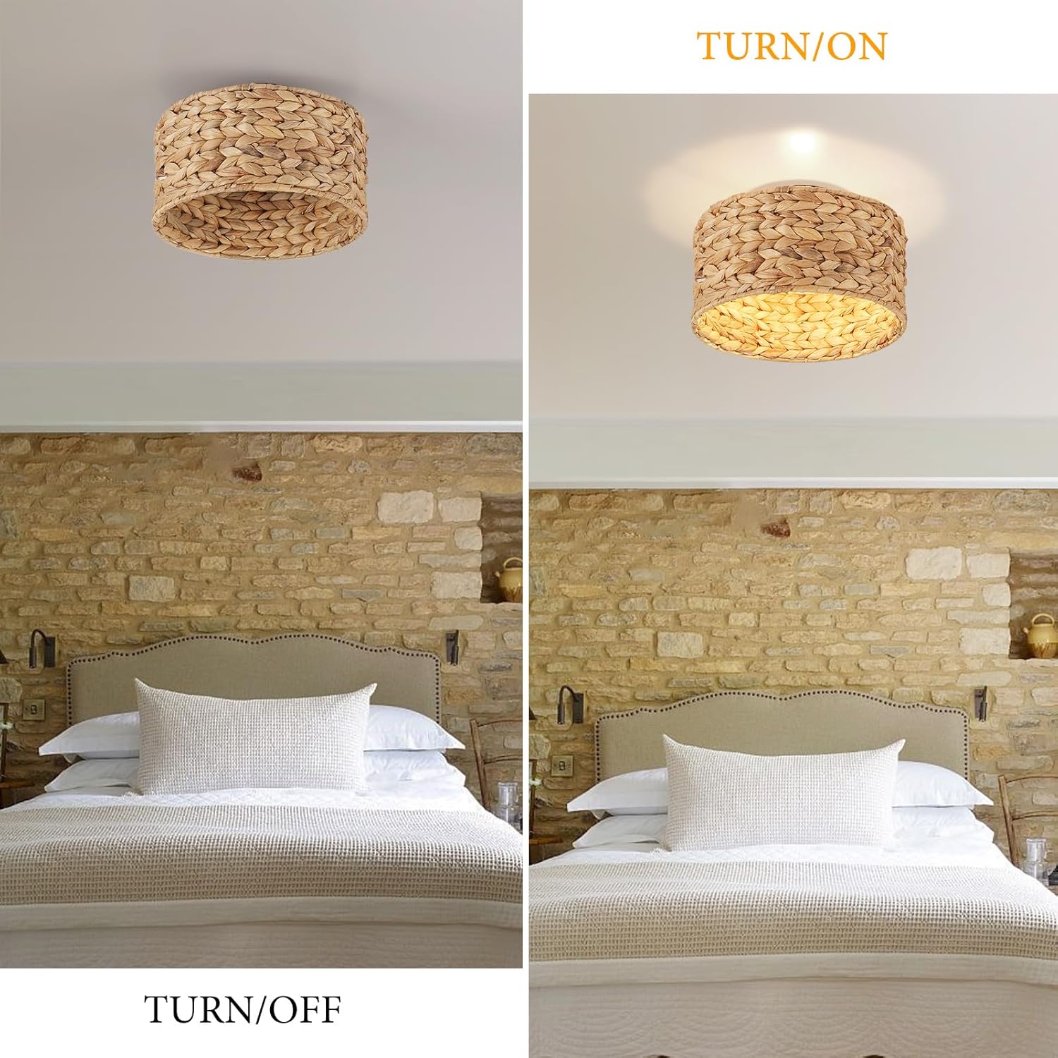 Boho Light Fixture Handwoven Rattan Semi-Flush Ceiling Light - 11.8ft Cord, 1-Light Eco-Friendly Bohemian Style for Bedroom/Kitchen/Farmhouse | Low-Carbon Rattan Woven Lighting