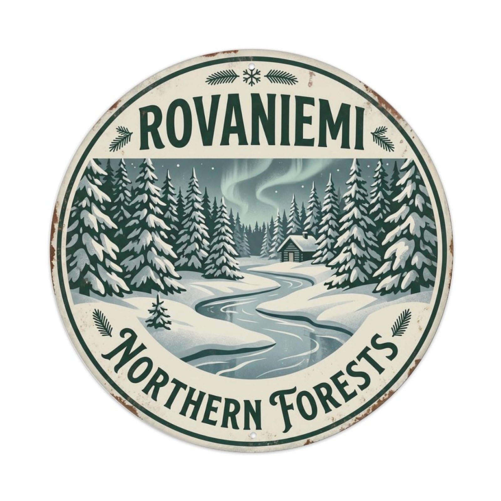 Vintage Travel Rovaniemi Forest Wilderness Metal Tin Sign Plaque Wall Decor for Cafe, Club, Garden Round Metal Poster 8x8Inch