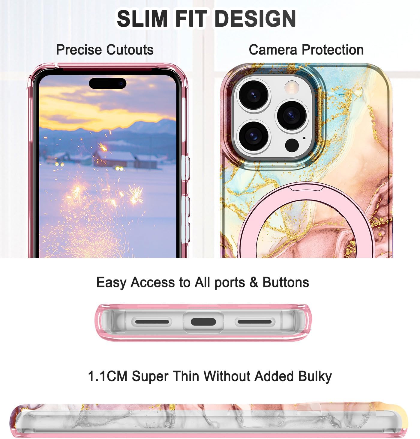 Lamcase for iPhone 14 Pro Max Case with Magnetic Invisible Ring Stand [Compatible with MagSafe], Full Body Rugged Slim Women Men Girl Shockproof Marble Pattern Design Case, Rose Gold