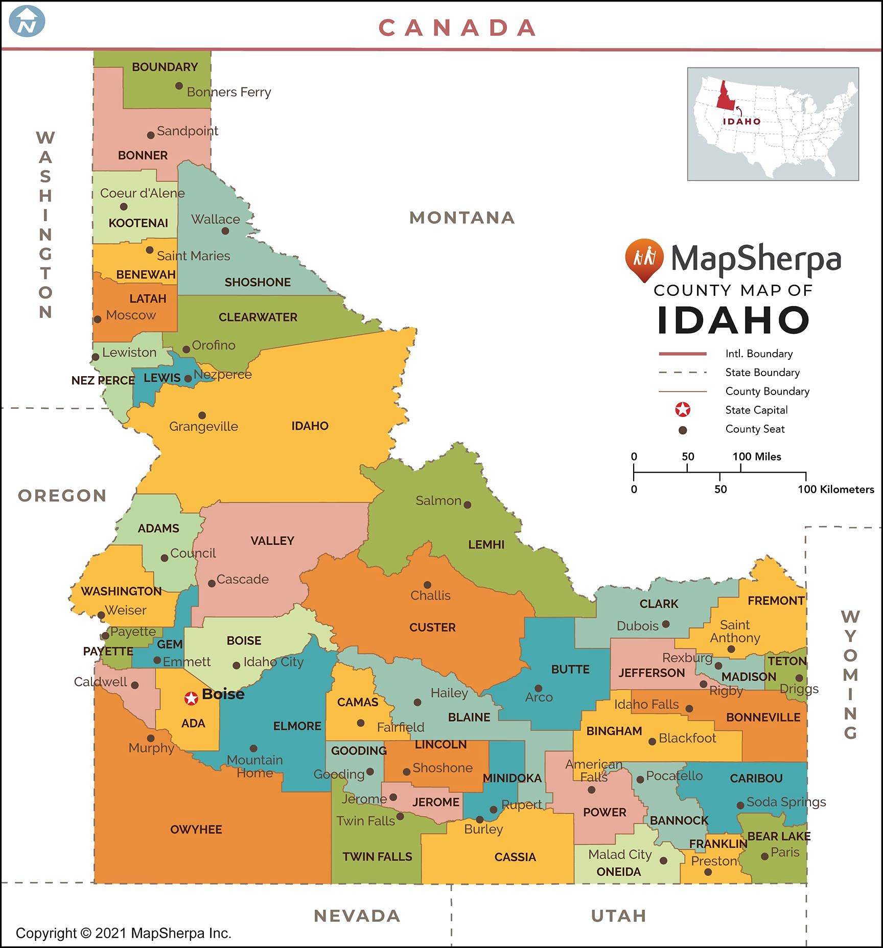 Idaho Counties Map - Standard - 36" x 38.75" Laminated