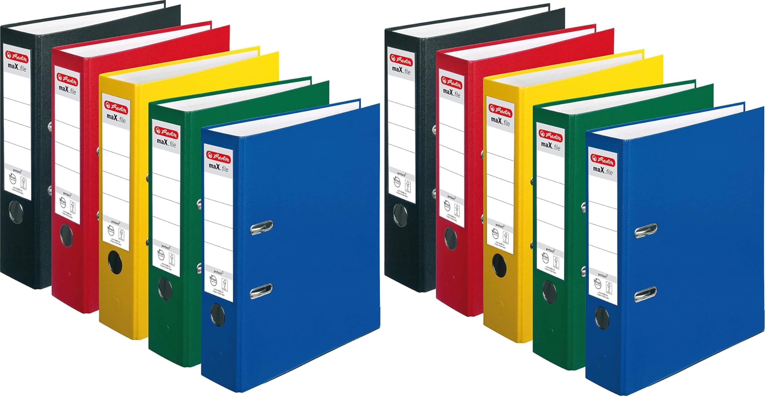 Herlitz Ordner maX.file protect A4 8cm PP-Kunststoffbezug/Papier hellgr.besch. [ Grundfarben ] 5 Farben | schwarz, rot, gelb, grün und blau (8cm Protect, Grundfarben, 10er Pack)