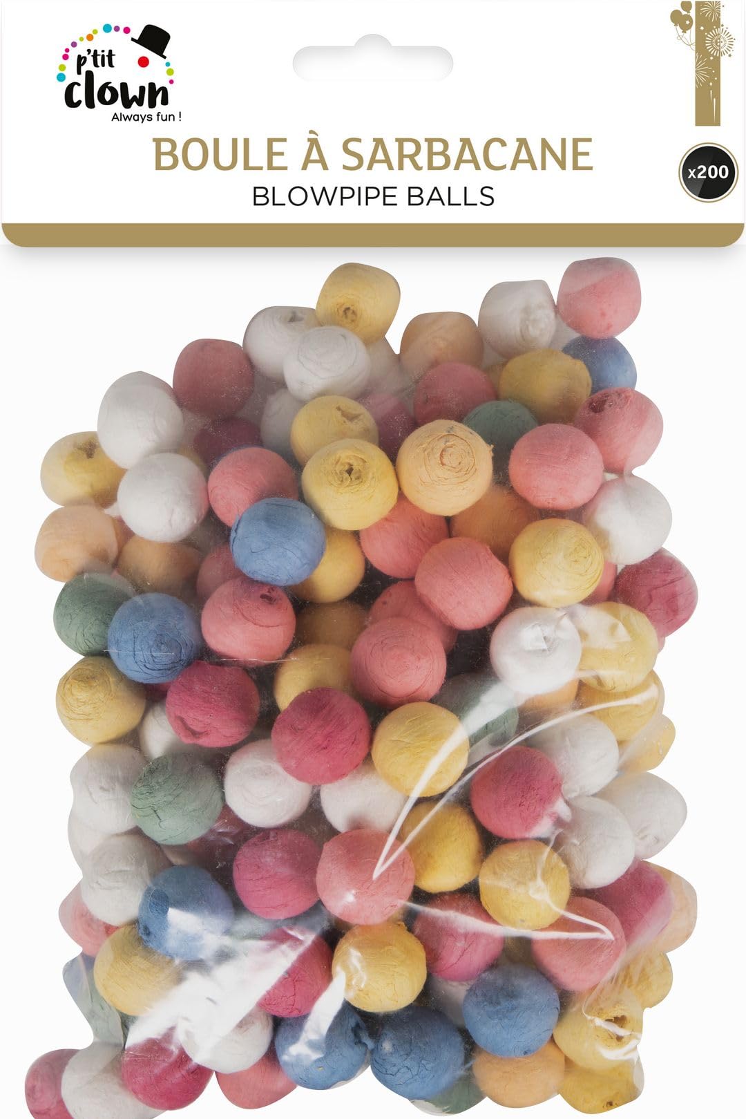 P'tit Clown - 71502 - Boules à Sarbacane en Papier Multicolores - Blowpipe Balls - Accessoire de Fête Amusant pour Jeux et Animations - Parfait pour Carnaval, Nouvel an, Saint Sylvestre - Lot de 200