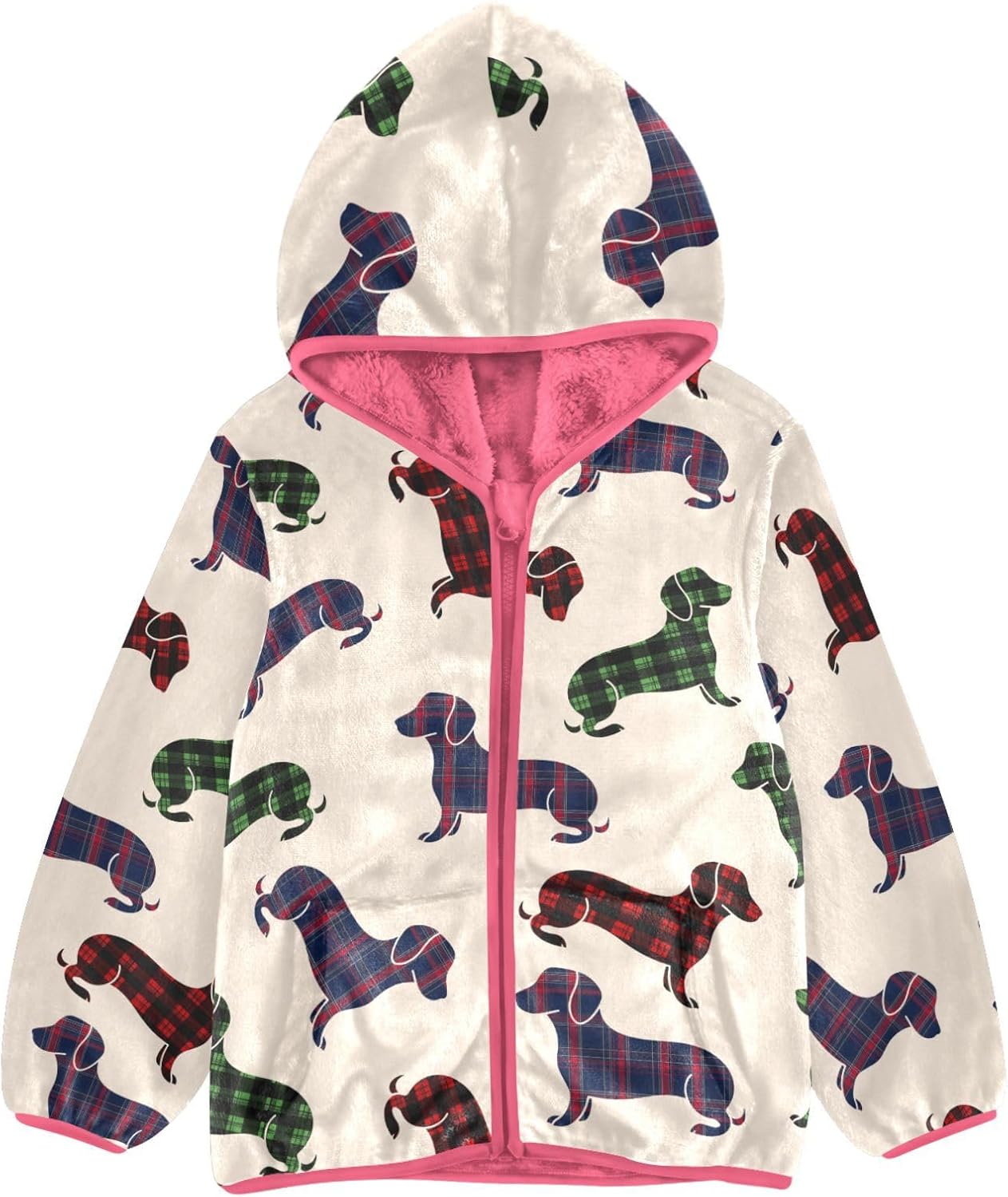 Girls Hoodie Outfit Dachshund with Plaid Pattern Zipper Sweatshirt Coat Fleece Jacket for Kids 3-10T