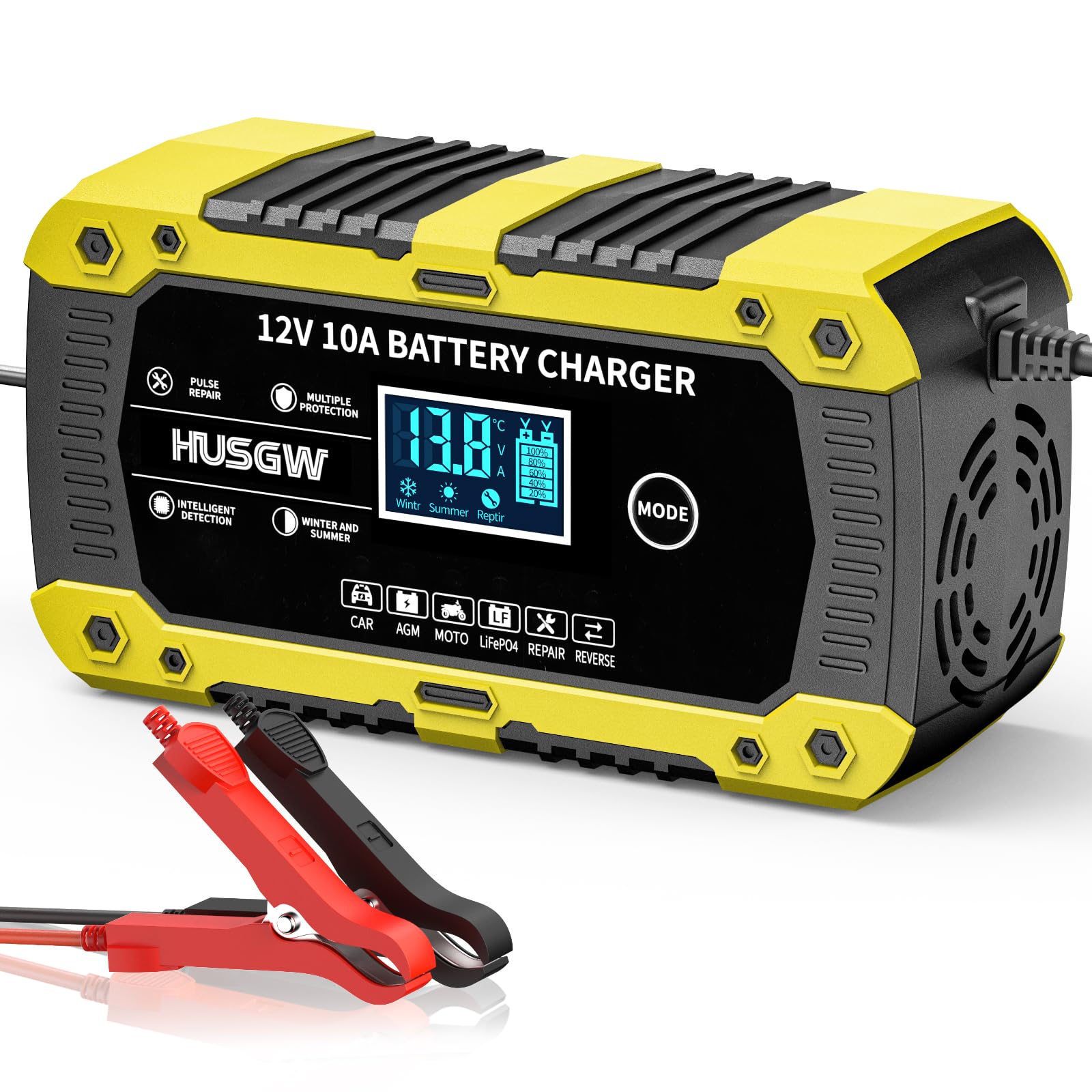 12V10A Cargador Baterias Coche, Cargador de Baterias Coche y Moto Inteligente y Funciones, Adecuado para Baterías Automotrices LiFePO4,para Coche/Moto/Clippers/AGM/Gel/Wet/SLA (10A) (10 Amarillo)