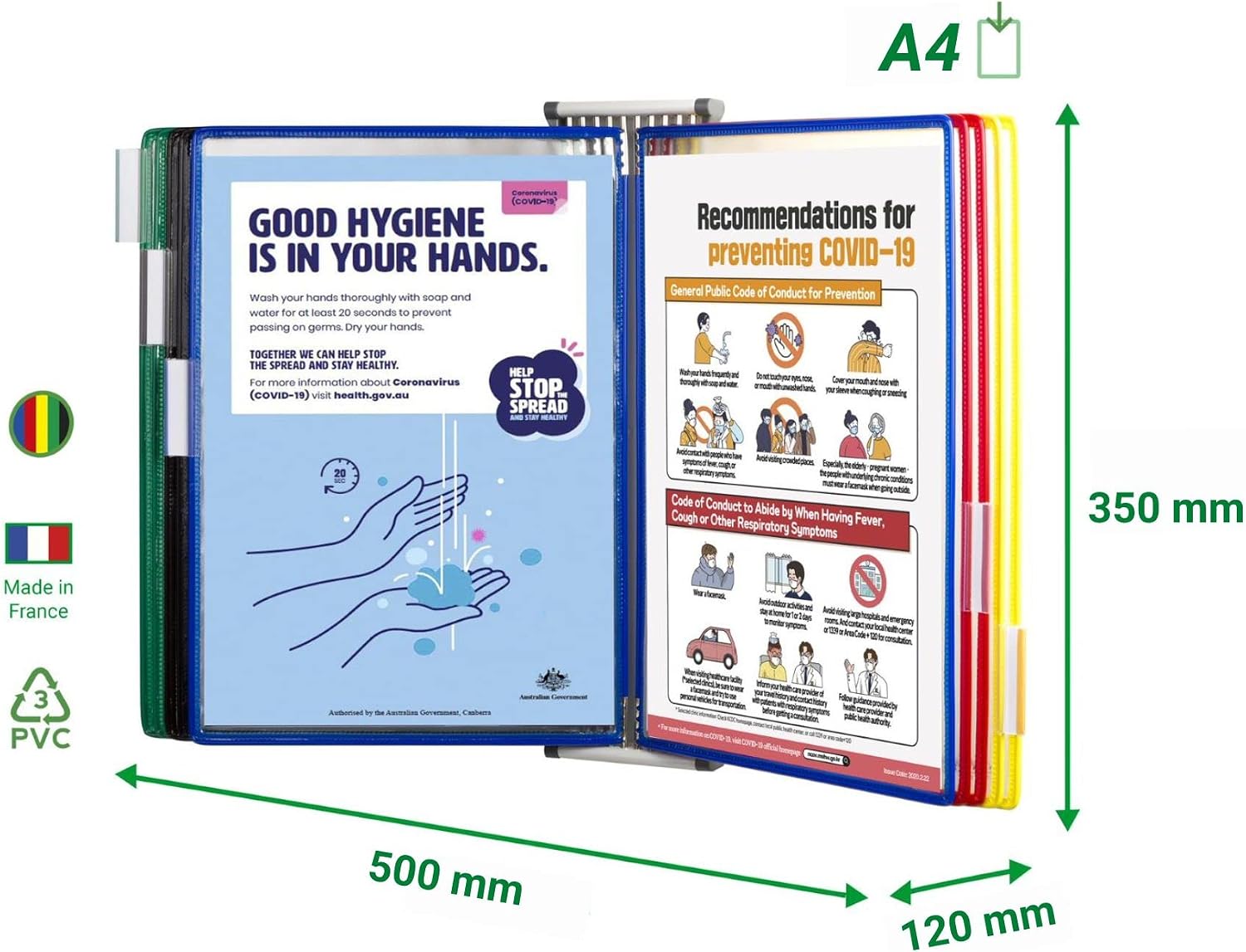 Tarifold Wall Mount Reference System -10 Double-Sided Pockets - 20 Sheet Capacity - A4 Size - Portrait Mode - Assorted Colors (W291A4)
