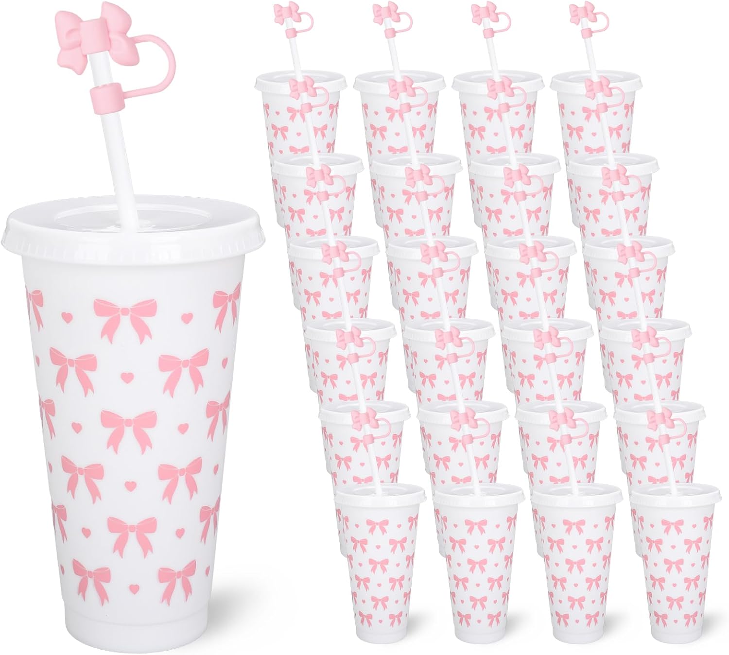 JarThenaAMCS 16Pcs 24oz Pink Bow Plastic Tumbler with Lid Straw and Straw Covers Reusable Coquette Bow Party Drinking Cups for Wedding Baby Shower Birthday Party Favors