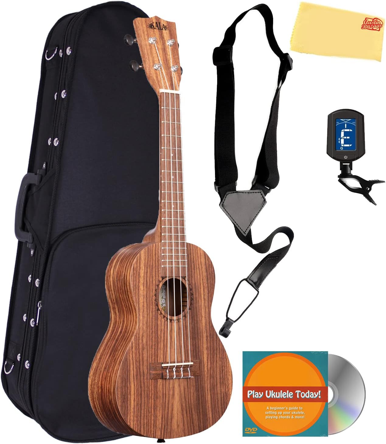 Kala KA-TEAK-C Teak Concert Ukulele with Gig Bag, Strap, Clip-on Tuner, Austin Bazaar Instructional DVD and Polishing cloth