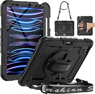 iPad Pro 11 Case 4th/ 3rd/ 2nd/ 1st Gen (2022/2021/2020/2018), Full-Body Shockproof Protective Case with Screen Protector, Rotating Stand, Hand/Shoulder Strap, 2nd Gen Pencil Charging, Black