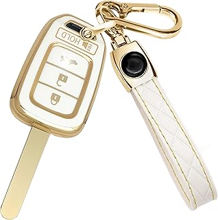 for Honda Civic Key Fob Cover and Leather Keychain - Full Cover Key Case for Honda Accord, CR-V SE, CRV LX, HR-V - 2014-2022 TPU Keyfob Cover Compatible with MLBHLIK6-1T - White and Gold
