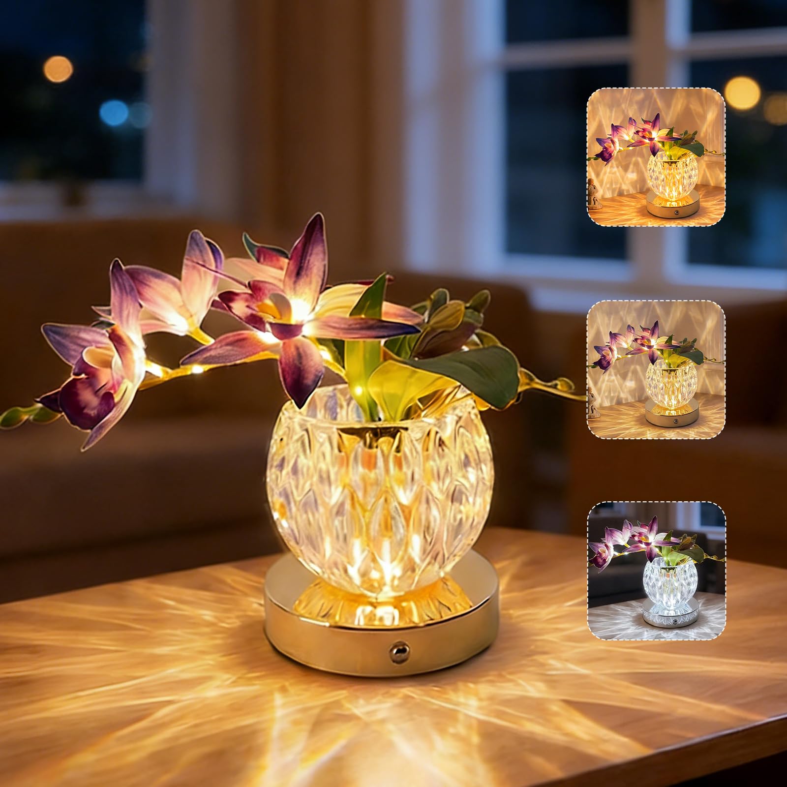 AVEKI Orchid Table Lamp,3 Color Dimmable Touch Crystal Vase Bedside Light,Rechargeable Cordless Artificial Flowers Desk Lamp Decor for Date Party Home,Romantic Gift for Woman Mom (Orchid-Purple)
