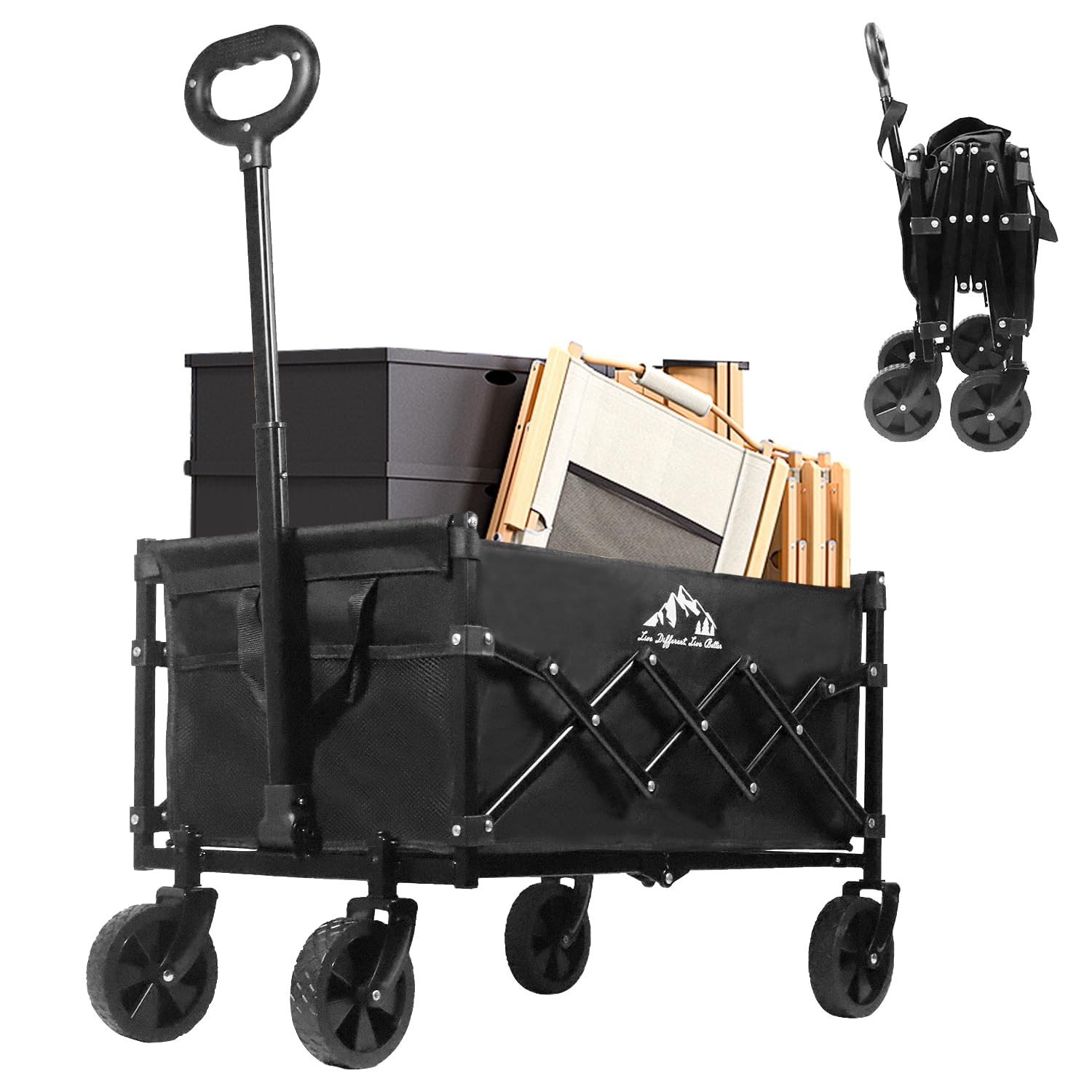 VOYSIGN Collapsible Wagon Folding Utility Cart, Beach Wagon 352LBS Heavy-Duty with Adjustable Handles, 5" Quiet Swivel Wheels, Lightweight (11lbs) for Groceries, Camping, Moving, Black