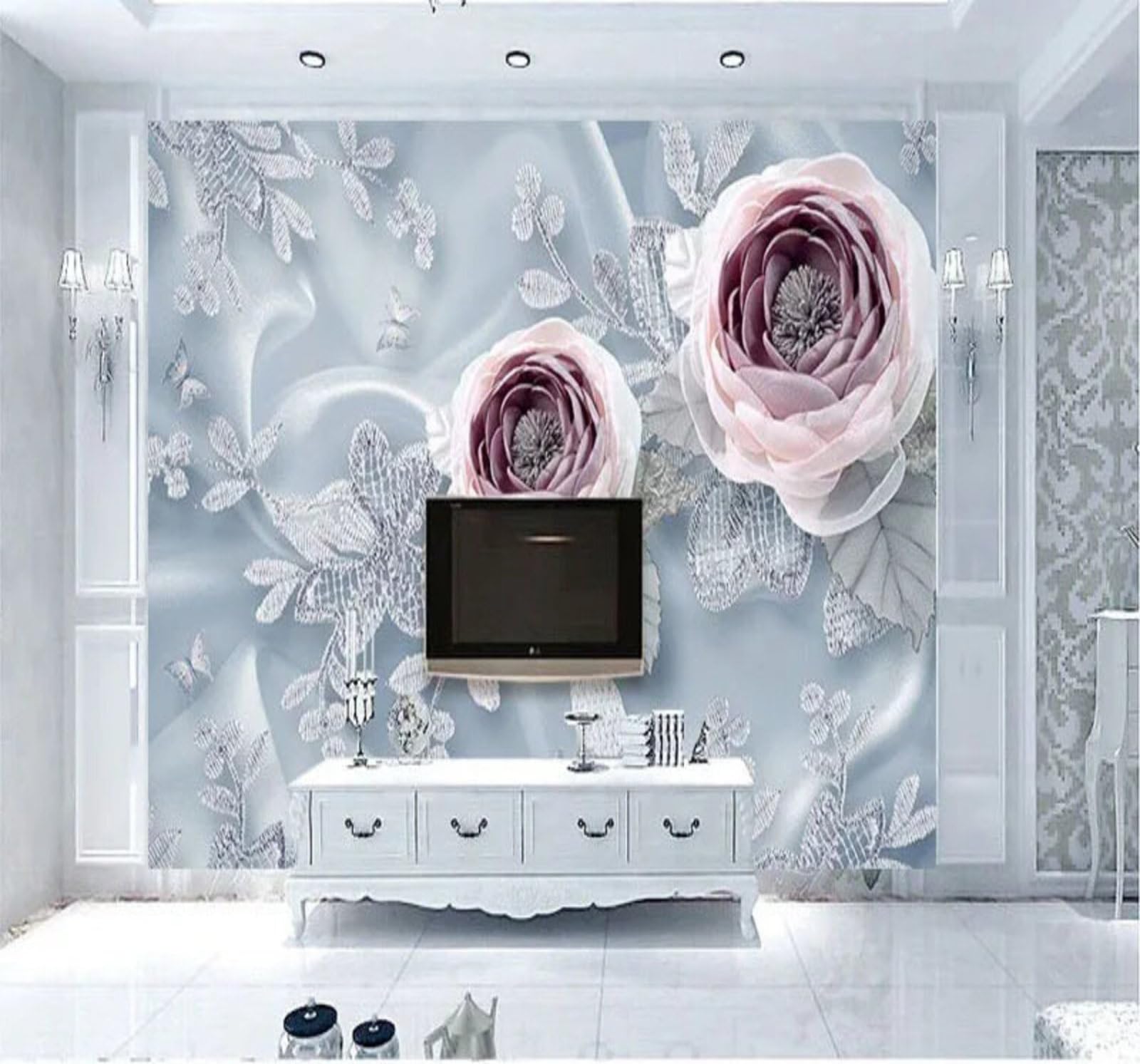 Wallpaper-3D-Xlm 350Cm×256Cm(B×H) Classic Affordable Luxury Roses Butterflies Silk 3D Wallpaper Easy Install Feature Office Living Room Sofa Bedroom Tv Background Wall Decoration-350Cm×256Cm