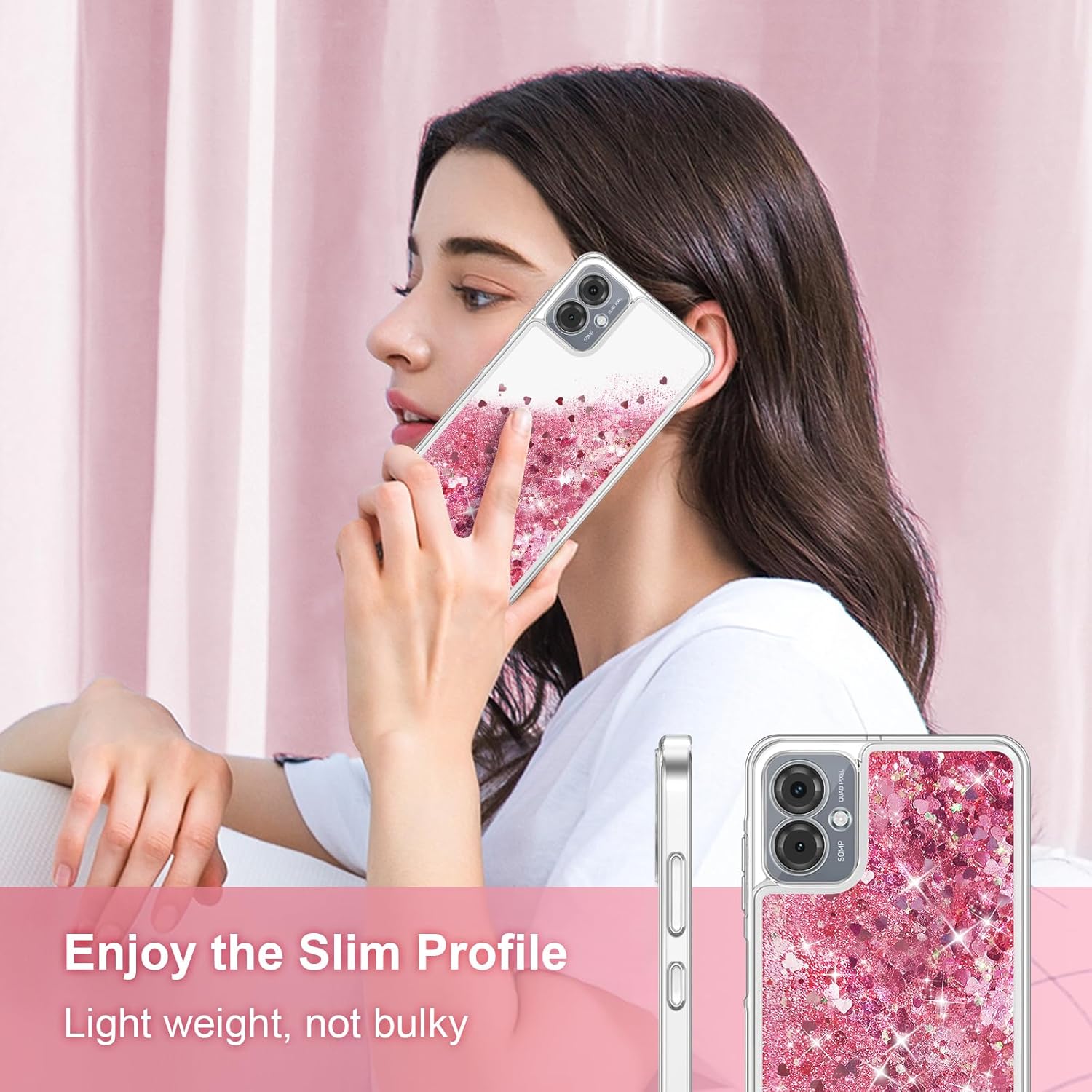 Qiinogow Case Compatible with Motorola Moto G14, Glitter Case With Quicksand Flowing Liquid, Clear Transparent TPU Gel Silicone ShockProof Protective Phone Cover for Girls (Pink) 6 71PnxRJ sCL. AC SL1500