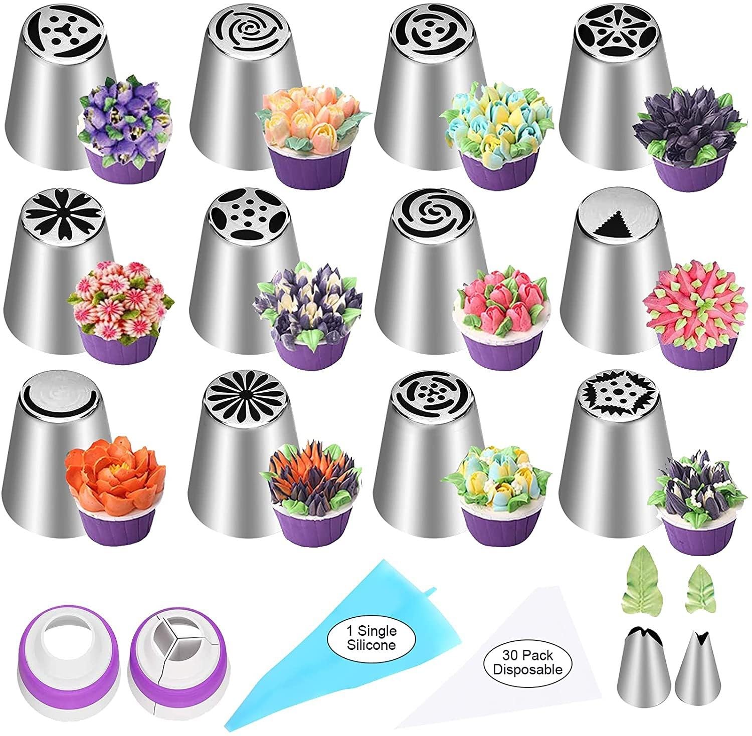 Russian Piping Nozzles Set 27 Pcs Stainless Steel Cake Decorating Nozzles Russian Piping Tips Icing Nozzle and Piping Bags12 Flower Frosting Nozzles 2 Leaf Tips 2 Coupler 11 Piping Pastry Bags