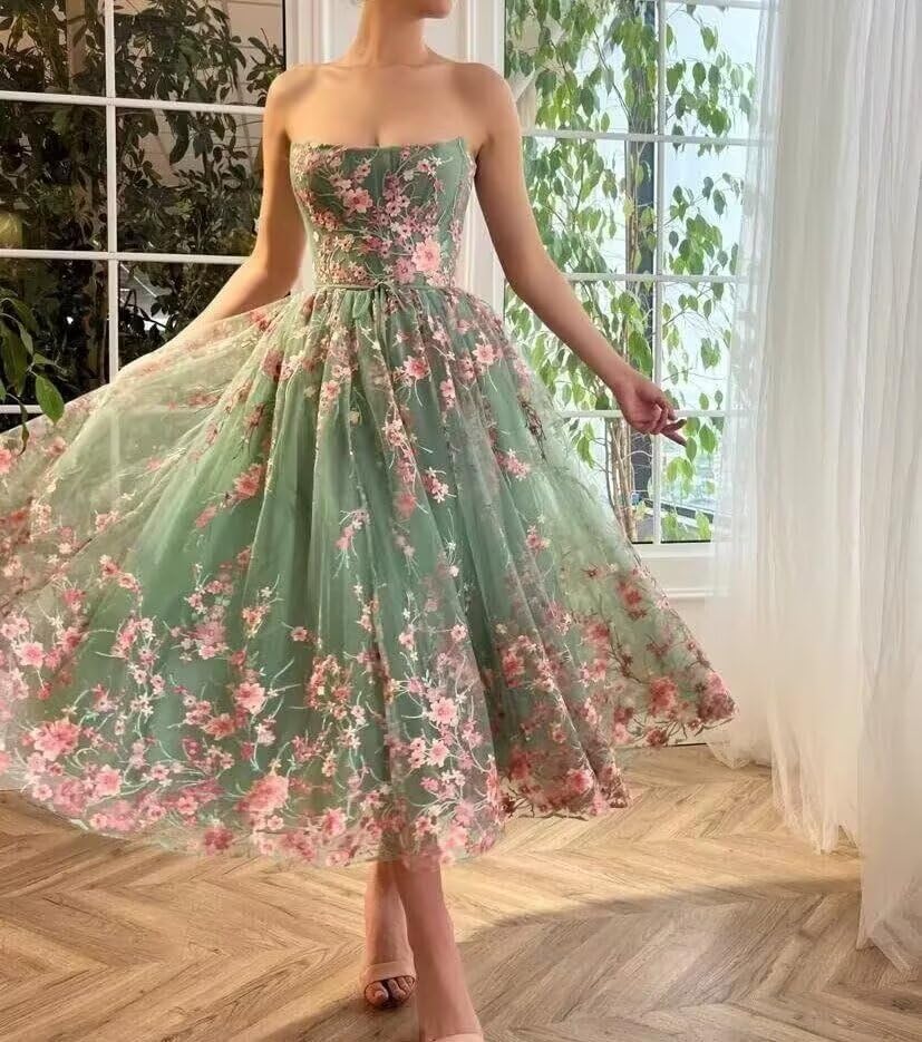 Flower Embroidery Prom Dresses 2024 Tulle Tube Tea Length Ball Gown Long Formal Evening Party Gowns4