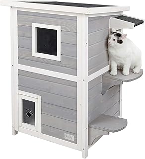 Petsfit Outdoor Cat House, 2 Story Outside Cat Shelter Condo Enclosure with Escape Door for Stray Feral Cats Weatherproof
