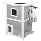 Petsfit Outdoor Cat House, 2 Story Outside Cat Shelter Condo Enclosure with Escape Door for Stray Feral Cats Weatherproof